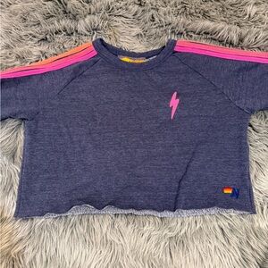 Aviator Nation Blue Sweatshirt with Pink and Orange Stripes Womens Medium